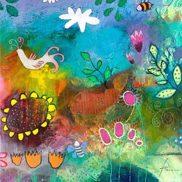 Franziska Schmalzl, Goldkehlchen Teil 2 (Wunschgröße, Malerei, Modern, Blumen, Blüten, Blätter, Biene, Vogel, naiv, dekorativ, Treppenhaus, Wintergarten, Kinderzimmer, bunt)