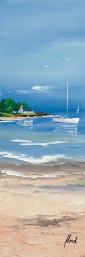 Frédéric Flanet, Mare basse I (Wunschgröße, Malerei, Meeresbrise, Landschaften, Natur, Meer, Ebbe, Strand, Küste, Haus, Boot, Möwen, Bretagne, Frankreich, Atlantik, Wohnzimmer, Treppenhaus, bunt)