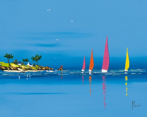 Frédéric Flanet, Jour de régate I (Malerei, Moderne Malerei, Meeresbrise, Landschaften, Meer, Küste, Segelboote, bunte Segel, Regatta, Spiegelung, Reflexion, Bretagne, Frankreich, Atlantik, Wohnzimmer, Treppenhaus, 
blau / bunt)