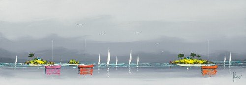 Frédéric Flanet, Régate du golf (Malerei, Moderne Malerei, Meeresbrise, Meer, diffus, Dunst, Segelboote, Insel, Spiegelung, Reflexion, Bretagne, Frankreich, Atlantik, Wohnzimmer, Treppenhaus, Wunschgröße, grau / bunt)