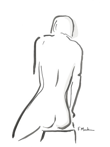 Frédérique Marteau, Sophy (Wunschgröße, Zeichnung, Akt, nackte Frau, Rückenakt,sitzend, modern, Strichzeichnung, Schlafzimmer, Treppenhaus, schwarz / weiß)