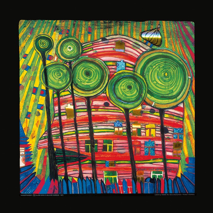 Friedensreich Hundertwasser, BLOBS GROW IN BELOVED GARDENS (Malerei, Klassische Moderne, Abstrakt, Landschaft, Bäume, Thaus, Garten, geometrische Muster, abstrakte Formen, Wohnzimmer, Arztpraxis, bunt)