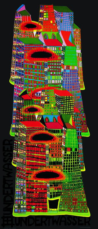 Friedensreich Hundertwasser, GOOD MORNING CITY (Skyscrapers) (Originalposter) (Architektur, Stadt, Wolkenkratzer, geometrische Muster, abstrakte Formen, Malerei, Klassische Moderne,  Wohnzimmer, Arztpraxis, bunt)
