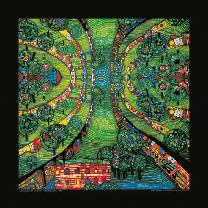 Friedensreich Hundertwasser, GRÜNE STADT / GREEN TOWN (Malerei, Klassische Moderne, Abstrakt, Bäume, Häuser, Natur, Landschaft, Ökologie, geometrische Muster, abstrakte Formen, Wohnzimmer, Arztpraxis, bunt)