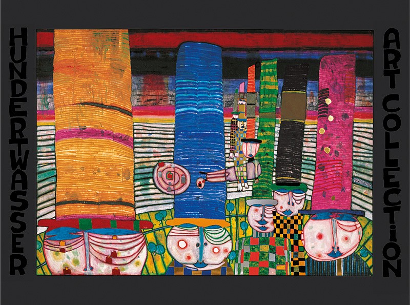 Friedensreich Hundertwasser, HÜTE TRAGEN (Malerei, Klassische Moderne,Plakat, Personen, Männer, Hüte, hohe Hüte, geometrische Muster, abstrakte Formen, Wohnzimmer, Arztpraxis, bunt)