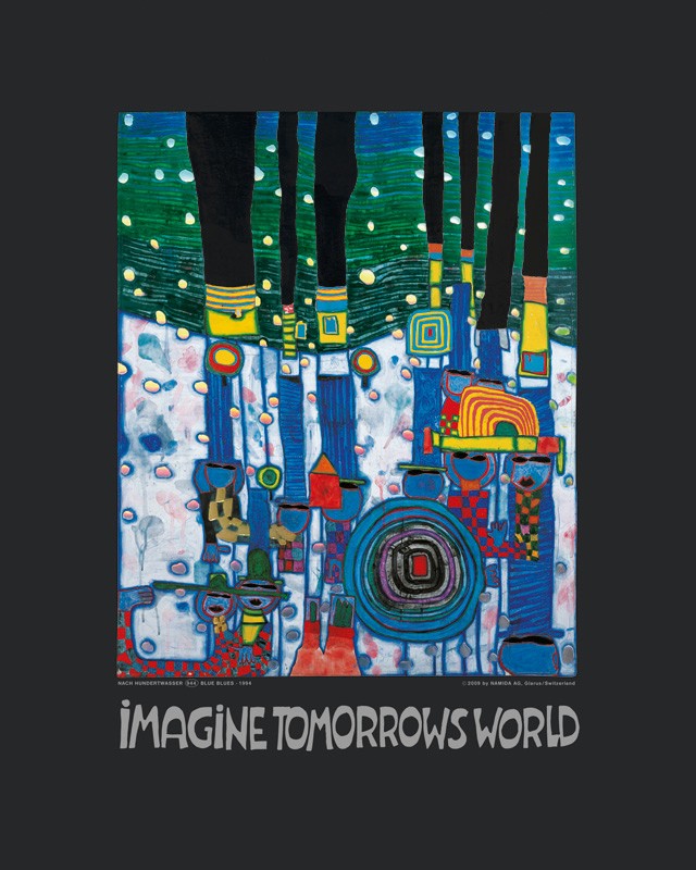 Friedensreich Hundertwasser, IMAGINE TOMORROW'S WORLD (BLUE) (Malerei, Klassische Moderne, Abstrakt, Plakat,Die Welt von morgen, geometrische Muster, abstrakte Formen, Wohnzimmer, Arztpraxis, bunt)