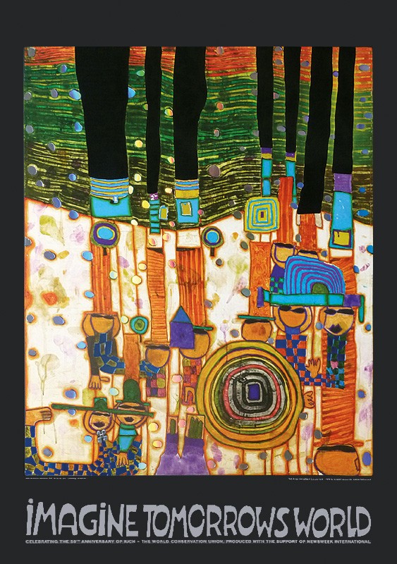 Friedensreich Hundertwasser, IMAGINE TOMORROW'S WORLD (orange) (Malerei, Klassische Moderne, Abstrakt, Plakat,Die Welt von morgen, geometrische Muster, abstrakte Formen, Wohnzimmer, Arztpraxis, bunt)