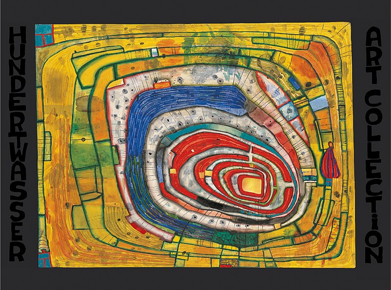 Friedensreich Hundertwasser, INSEL IM GELBEN MEER (Malerei, Klassische Moderne, Abstrakt, Plakat, Landschaft, Spirale, geometrische Muster, abstrakte Formen, Wohnzimmer, Arztpraxis, bunt)