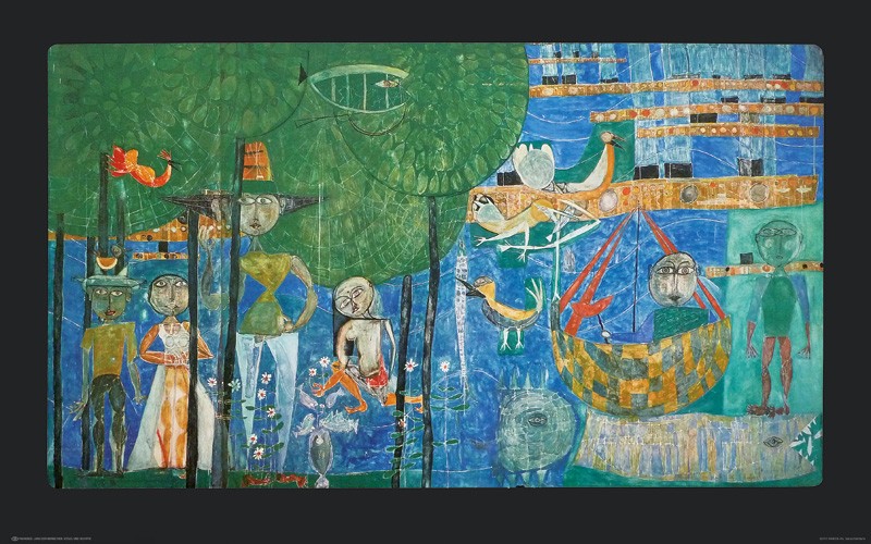 Friedensreich Hundertwasser, PARADIES - LAND DER MENSCHEN (Granolitho) (Landschaft, See,menschen, Natur, geometrische Muster, abstrakte Formen, Malerei, Klassische Moderne,  Wohnzimmer, Arztpraxis, bunt)