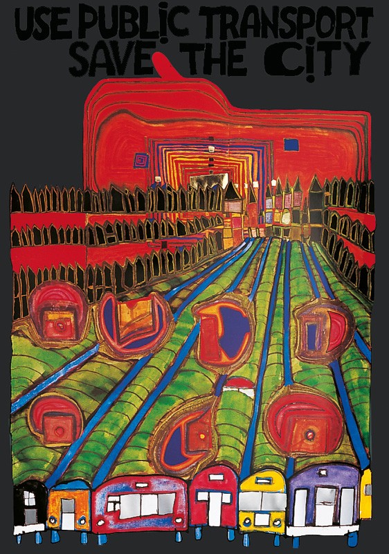 Friedensreich Hundertwasser, SAVE THE CITY (Plakatkunst, Landschaft, Naturschutz, Umweltschutz, Öffentliche Verkehrsmittel, Appell, geometrische Muster, abstrakte Formen, Malerei, Klassische Moderne,  Wohnzimmer, Arztpraxis, bunt)