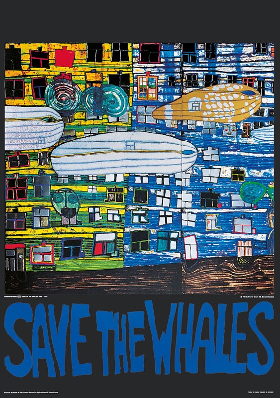 Friedensreich Hundertwasser, SAVE THE WHALES (Malerei, Klassische Moderne, Abstrakt, Plakat, Naturschutz, Umweltschutz, Ökologie, Meer, Meerestiere, Wale,  geometrische Muster, abstrakte Formen, Wohnzimmer, Arztpraxis, bunt)