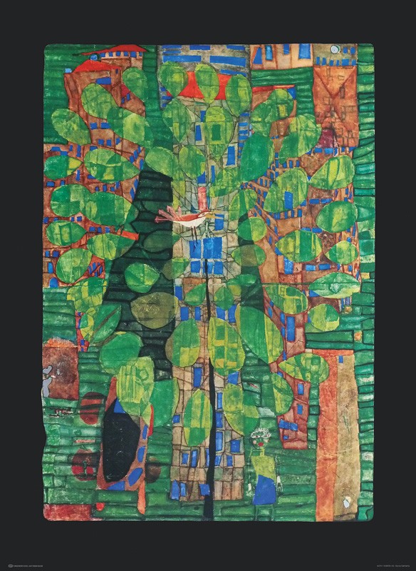 Friedensreich Hundertwasser, SINGENDER VOGEL AUF EINEM BAUM (Granolitho) (Landschaft, Baum, Vogel, Häuser, geometrische Muster, abstrakte Formen, Malerei, Klassische Moderne,  Wohnzimmer, Arztpraxis, bunt)