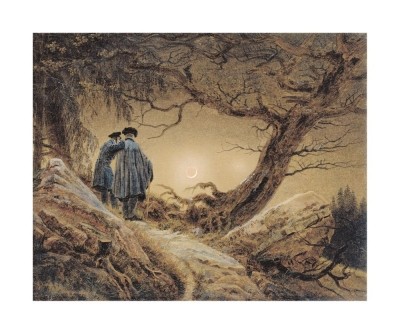 Caspar David Friedrich, TWO MEN, LOOKING AT THE MOON (Landschaft, Spaziergänger, Gespräch, Nachtszene, Mond, Bäume, knorrig, Klassiker, Wohnzimmer, Schlafzimmer, Malerei, Romantik,  bunt)