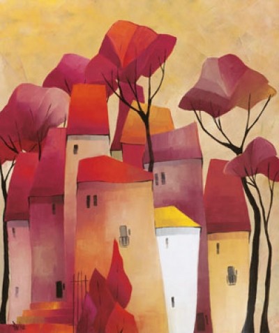 Gisela Funke, Fairy-Like II (Landschaften,Fauvismus,Häuser,Bäume,Büro,Flur,Soziale Einrichtungen,Wohnzimmer,bunt)
