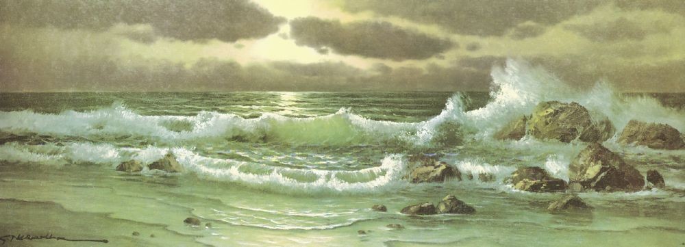 G. Neswabda, BREAKERS AT SUNSET (See, Meer, Wellen, Wellenbrecher, Sonnenuntergang, Meeresbrise, Gischt, Wohnzimmer, Treppenhaus, Malerei, bunt)