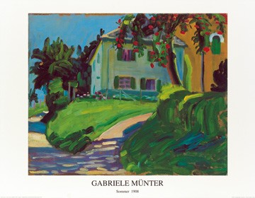 Gabriele Münter, Sommer 1908 (Haus mit Apfelbaum) (Ambiente, Weg, Haus, Bäume, Apfelbaum, Sommer, Süden, Expressionismus, Malerei, Wohnzimmer, Arztpraxis, bunt)