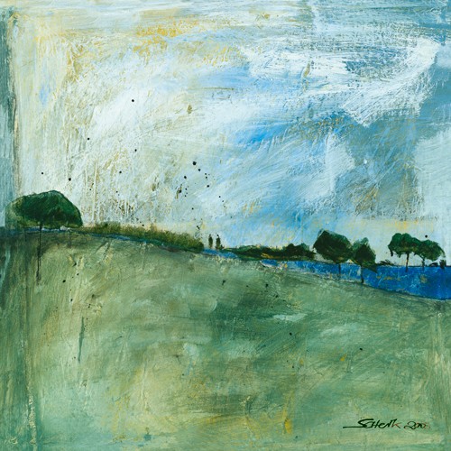 Gabriele Scherk, Blue Landscape (Landschaften, Hügel, Felder, Horizont Bäume, modern, abstrahiert, leuchtend, Wohnzimmer, Malerei, Wunschgröße, blau/grün)