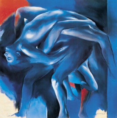 Daniel Gasser, Frauenkörper (Körper, verschlungen, Frauen, Figurativ, People & Eros, Aktbilder / Erotik, Schlafzimmer, Wohnzimmer, Malerei, modern, blau)