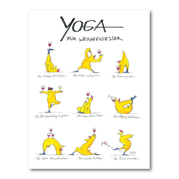 Peter Gaymann, Yoga für Weingenießer (Sport, Yoga, Weintrinker, Jonglieren, Karikatur, Cartoon, Comic, witzig, lustig, Treppenhaus, Wohnzimmer, Grafik, bunt)