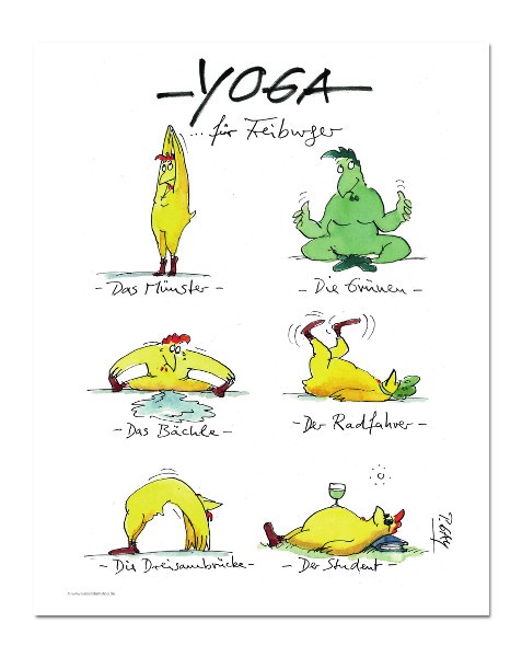 Peter Gaymann, Yoga für Freiburger (Hühner, Freiburg, Sport, Bewegung, Karikatur, Cartoon, Comic, witzig, lustig, Treppenhaus, Wohnzimmer, Grafik, bunt)