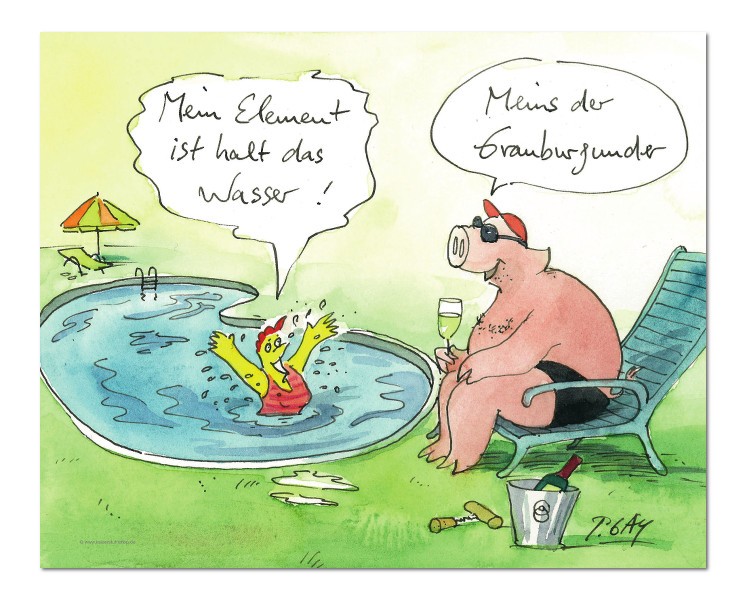 Peter Gaymann, Mein Element das Wasser (Wein, Trinken, Grauburgunder, Sport, Schwimmbad, Huhn, Schwein, Karikatur, Cartoon, Comic, witzig, lustig, Treppenhaus, Wohnzimmer, Grafik, bunt)