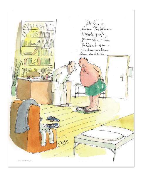 Peter Gaymann, Problembezirk (Arztpraxis, Arztbesuch, Gewicht, Kontrolle, Karikatur, Cartoon, Comic, witzig, lustig, Treppenhaus, Wohnzimmer, Grafik, bunt)