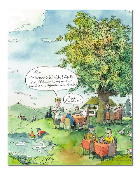 Peter Gaymann, Wurstsalat (Restaurant, Gasthaus, Bestellung, vegetarisch,  Karikatur, Cartoon, Comic, witzig, lustig, Esszimmer, Küche, Wohnzimmer, Grafik, bunt)