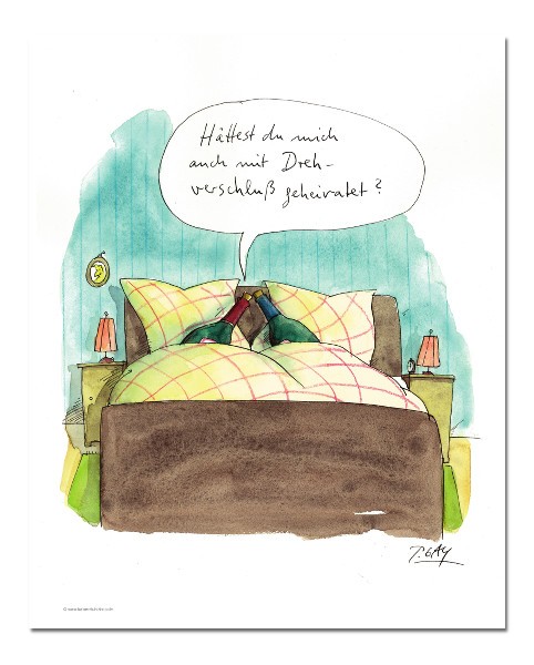 Peter Gaymann, Drehverschluss (Schlafzimmer, Ehebett, Weinflaschen, Hochzeit, Karikatur, Cartoon, Comic, witzig, lustig, Treppenhaus, Wohnzimmer, Grafik, bunt)