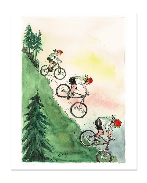 Peter Gaymann, Radfahrer (Mountainbikerinnen, Fahrradfahren, Schwarzwaldhüte, Knödelhut, Sport, Bewegung, Karikatur, Cartoon, Comic, witzig, lustig, Treppenhaus, Wohnzimmer, Grafik, bunt)