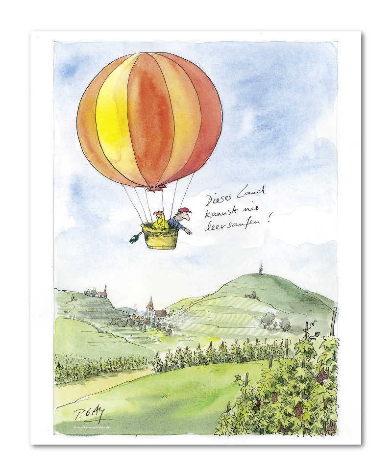 Bild mit Rahmen, Peter Gaymann, Land leer saufen, Holz weiß, 20 mm, Folie (Fesselballon, Heißluftballon, Huhn, Mann, Weinregion, Karikatur, Cartoon, Comic, witzig, lustig, Treppenhaus, Wohnzimmer, Grafik, bunt)