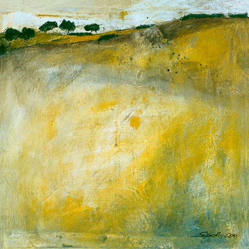 Gabriele Scherk, Green Landscape (Landschaften, Hügel, Felder, Horizont Bäume, modern, abstrahiert, leuchtend, Wohnzimmer, Malerei, Wunschgröße, gelb/grün)