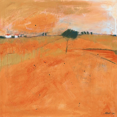 Gabriele Scherk, Landscape I (Landschaften, Hügel, Felder, Horizont,modern, abstrahiert, leuchtend, Wohnzimmer, Malerei, Wunschgröße, orange)