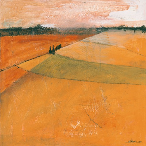 Gabriele Scherk, Landscape II (Landschaften, Hügel, Felder, Horizont,modern, abstrahiert, leuchtend, Wohnzimmer, Malerei, Wunschgröße, orange/grün)