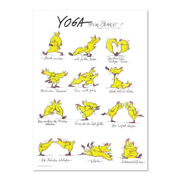 Peter Gaymann, Yoga für Paare (Sport, Bewegung, Hühner, Paare, Liebe, Karikatur, Cartoon, Comic, witzig, lustig, Treppenhaus, Wohnzimmer, Grafik, bunt)