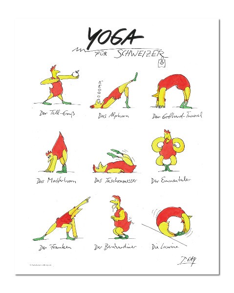 Peter Gaymann, Yoga für Schweizer (Hühner, Schweiz, Sport, Bewegung, Karikatur, Cartoon, Comic, witzig, lustig, Treppenhaus, Wohnzimmer, Grafik, bunt)