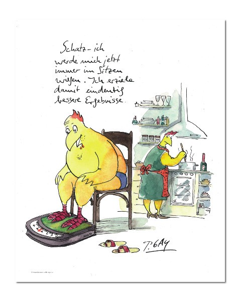 Peter Gaymann, Im Sitzen wiegen (Hühner, Küche, Kochen, Waage, Gewicht, Karikatur, Cartoon, Comic, witzig, lustig, Treppenhaus, Wohnzimmer, Grafik, bunt)
