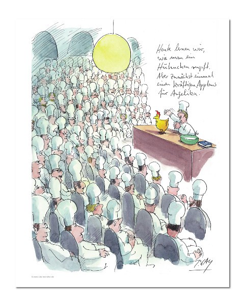 Peter Gaymann, Angelika (Köche, Kochen, Huhn, Karikatur, Cartoon, Comic, witzig, lustig, Treppenhaus, Wohnzimmer, Grafik, bunt)