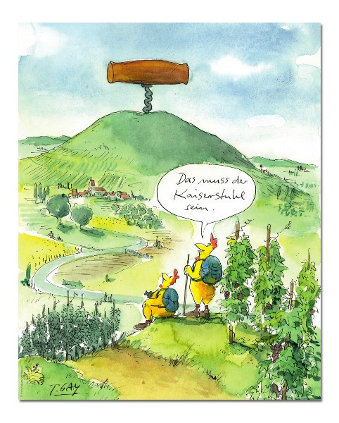 Peter Gaymann, Kaiserstuhl (Hühner, Wanderung, Berg, Korkenzieher, Wein, Karikatur, Cartoon, Comic, witzig, lustig, Treppenhaus, Wohnzimmer, Grafik, bunt)