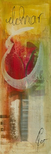 Gemma Leys, Amor III (Wunschgröße Modern, Abstrakt, Abstrakte Malerei, Farbflächen, geometrische Muster, Blume, Blüte, Rose, Schrift, Kalligraphie, bunt)