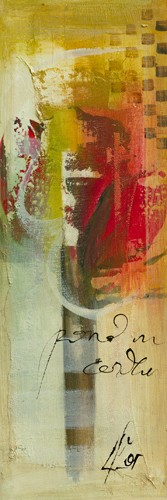 Gemma Leys, Aqui III (Wunschgröße, Modern, Abstrakt, Abstrakte Malerei, Farbflächen, geometrische Muster, Blume, Blüte, Rose, Schrift, Kalligraphie, bunt)