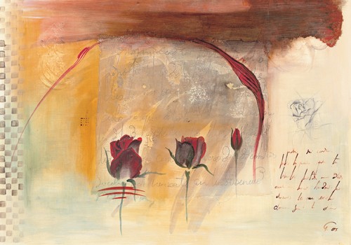 Gemma Leys, Corazn III (Wunschgröße, Modern, Abstrakt, Abstrakte Malerei, Farbflächen, Rosen, Blumen, Blüten, geometrische Muster, Bogen, Kalligraphie, Schrift, bunt)