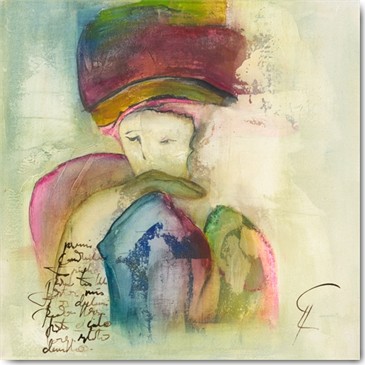 Gemma Leys, Corazon I (Modern, figurativ, Frau, Herz, Turban, Kalligraphie, Schrift, Wohnzimmer, Treppenhaus, Wunschgröße, bunt)