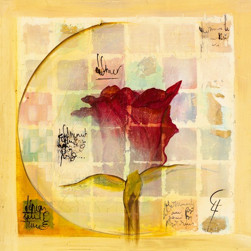 Gemma Leys, El amor IV (Wunschgröße,  Modern, Abstrakt, Abstrakte Malerei, Blume, Blüte, Rose, geometrische Muster, Quadrate, Schrift, Kalligraphie, Halbkreis, bunt)