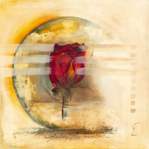 Gemma Leys, Juegas II (Wunschgröße, Modern, Abstrakt, Abstrakte Malerei, geometrische Form, Scheibe, Kreis, Kugel, Umrandung, Blume, Blüte, Rose, Kalligraphie, Schrift, bunt)