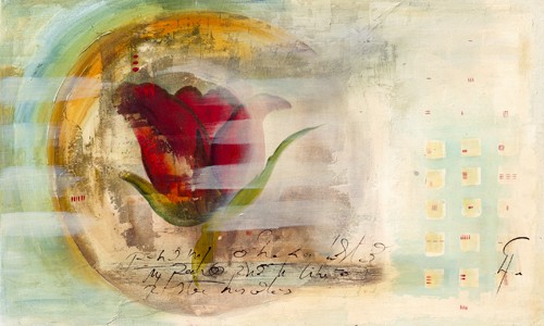 Gemma Leys, Libertad (Wunschgröße, Modern, Abstrakt, Abstrakte Malerei, geometrische Formen, Scheibe, Kreis, Kugel, Blume, Blüte, Rose, Schrift, Kalligraphie,, Freiheit, bunt)