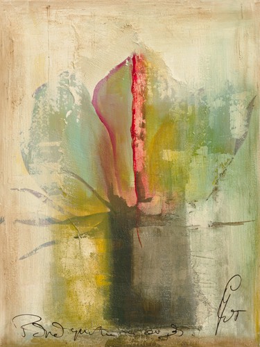 Gemma Leys, Me oigas I (Wunschgröße,Modern, Abstrakt, Abstrakte Malerei, Farbflächen, Schrift, Kalligraphie, Rose, Blume, Blätter, pastell)
