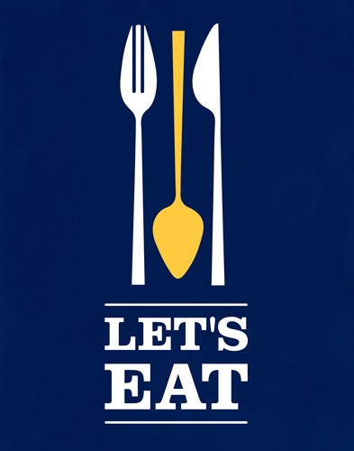 Leinwandbild, Genesis Duncan, Let´s Eat (Plakatkunst, Grafik, Besteck, Messer, Gabel, Löffel, Essen, Küche, Gastronomie, Bistro, blau / weiß)