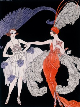 Georges Barbier, Der Kauf (Art Deco, Kostüme, Damen, Federboa, Kopfschmuck, Wunschgröße,  Treppenhaus, Esszimmer, bunt)