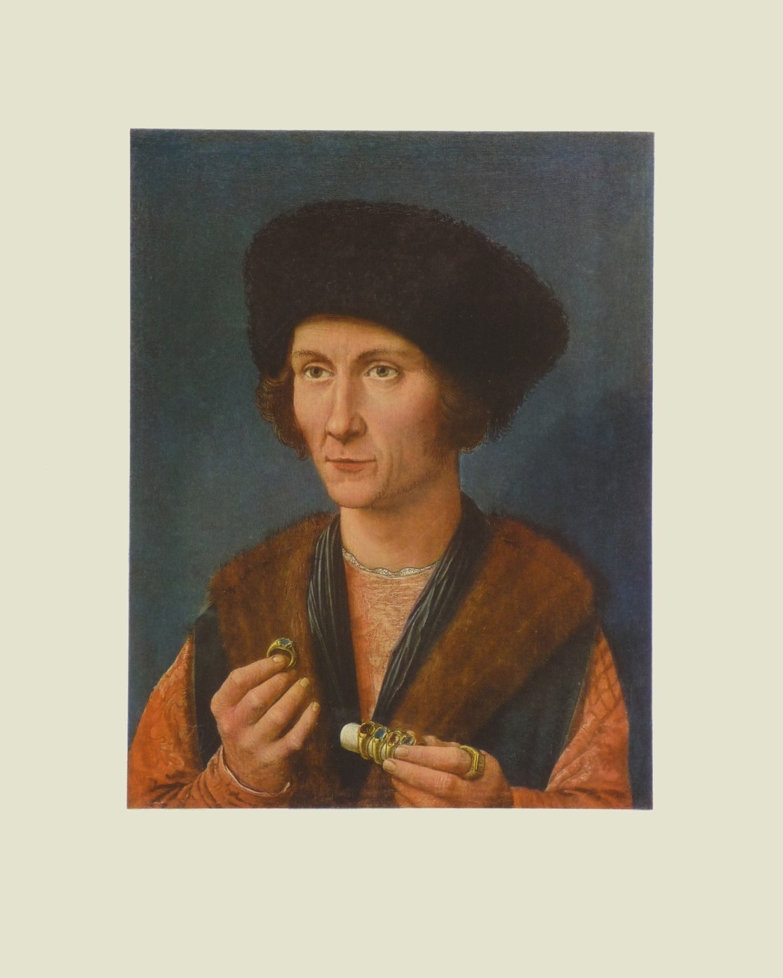 Gérard David, Goldschmied (Malerei, Klassiker,  Renaissance, Goldschmidt, Portrait, Mann, Reichtum, Pelzmütze, goldene Fingerringe, Wohnzimmer, Juwelier, bunt)