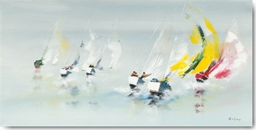 Gérard de Courcy, Les Spi jaunes (Meeresbrise, Segler, abstrakte Malerei, Segelboote, Wind, steife Brise, Regatta, Modern, Wohnzimmer, Treppenhaus, Wunschgröße, bunt)